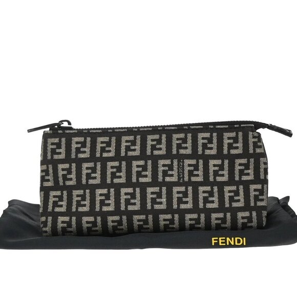 FENDI Logo Zucchino Pouch Hand Bag Canvas Leather Brown Silver 38KB202 - Picture 1 of 15
